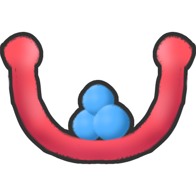 a pastel red U-shaped structure with 3 small blue spheres placed inside the curve.